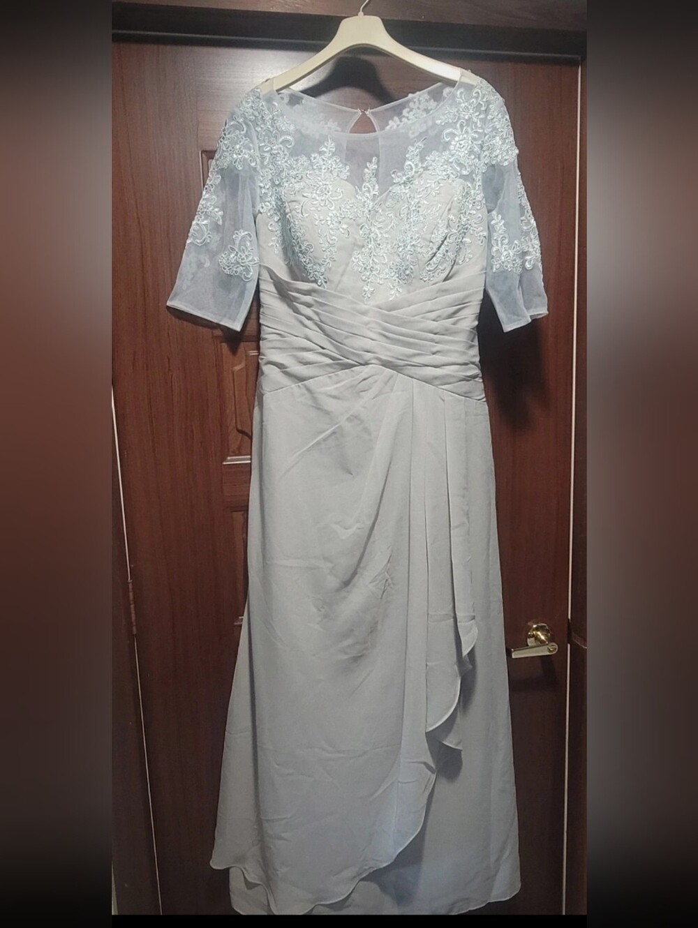 Light Gray Embroidered Lace Bodice Long Sleeve Evening Dress